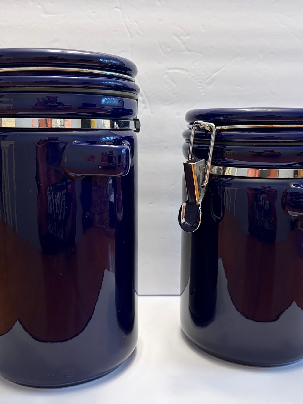 2-VTG Cobalt Blue Ceramic Canisters Airtight Wire Clamp Storage Jars Spoon Loop